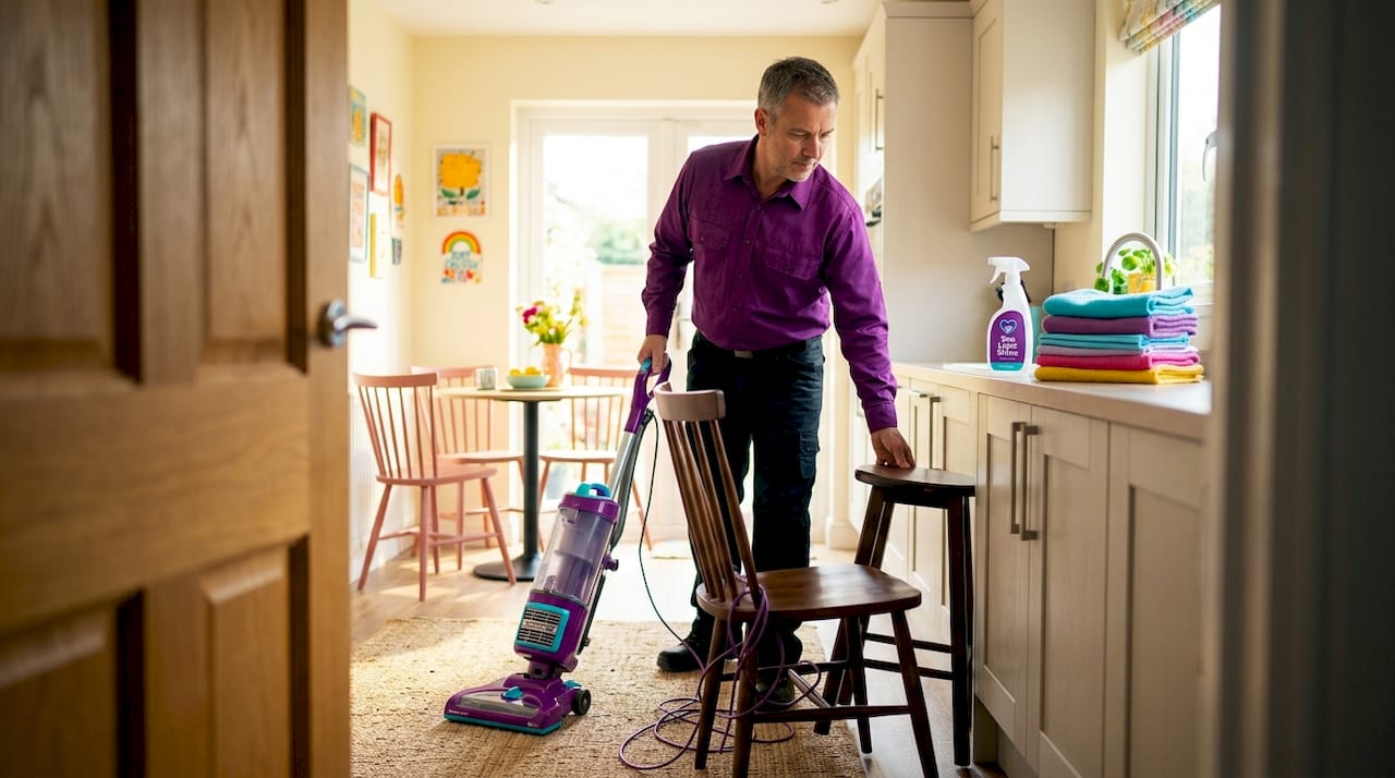 Man vacuums carpet in family apartment