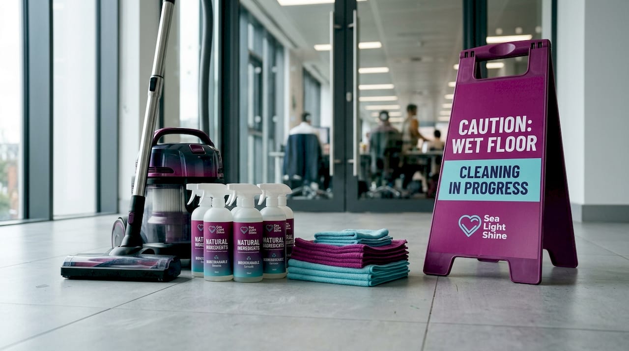 Professional cleaning equipment arranged neatly