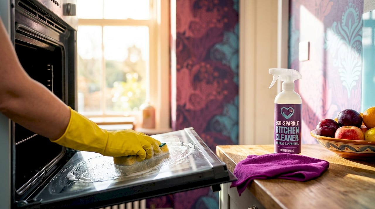Hand scrubbing oven door in kitchen
