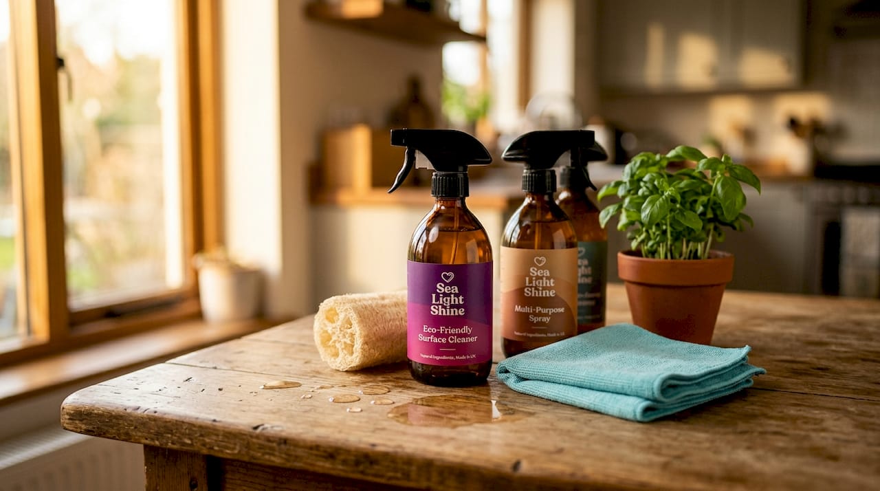 Eco-friendly cleaning products on kitchen counter