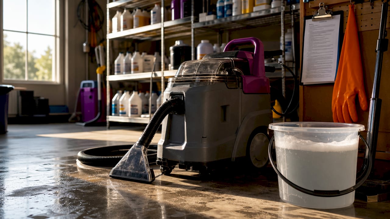 Carpet cleaner and tools set up in utility room
