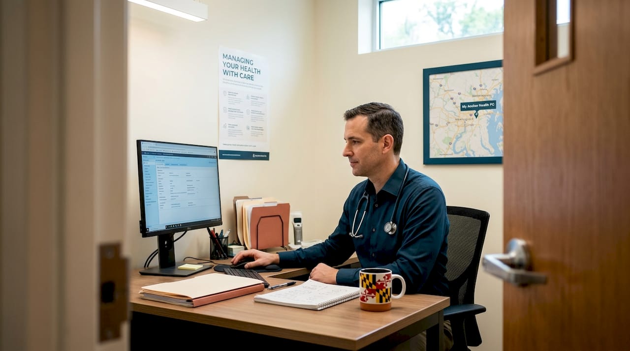 Doctor reviews telehealth appointment in clinic
