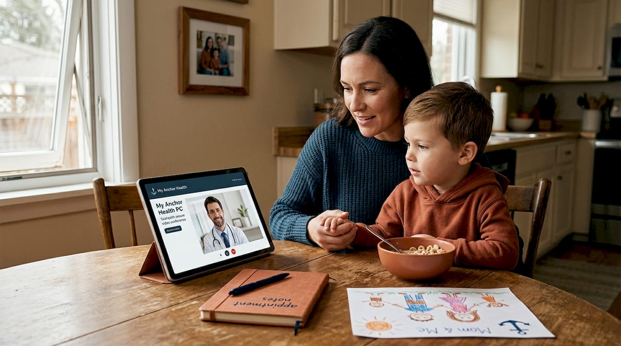 Mother and son during kitchen telehealth call