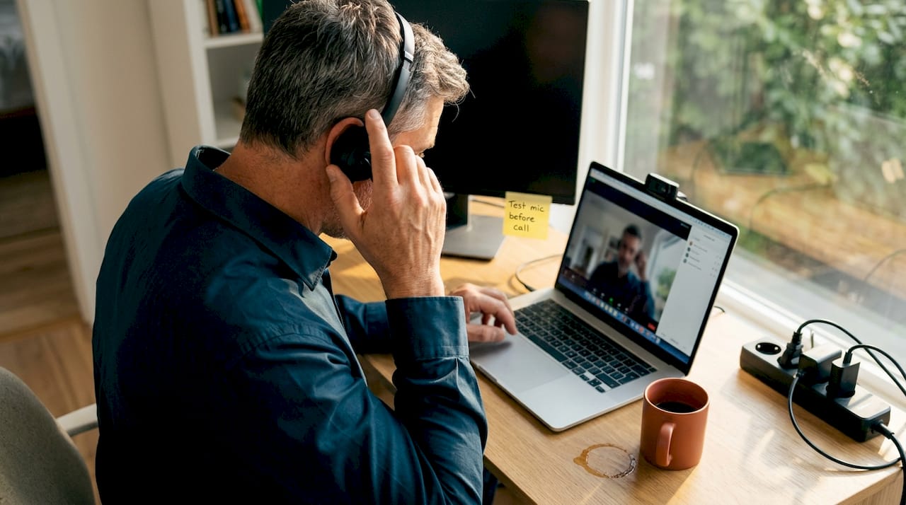 Man checks telehealth tech at home desk