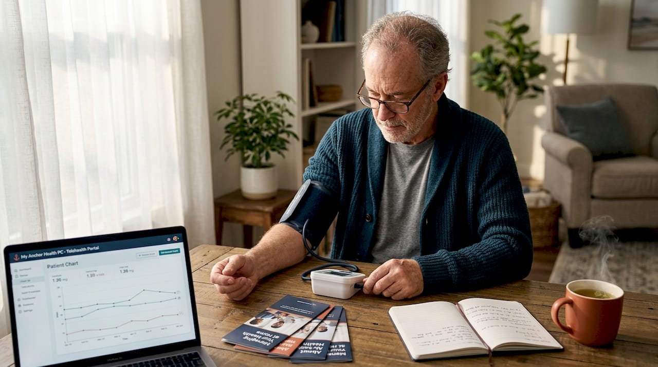 Senior checks blood pressure during telehealth visit