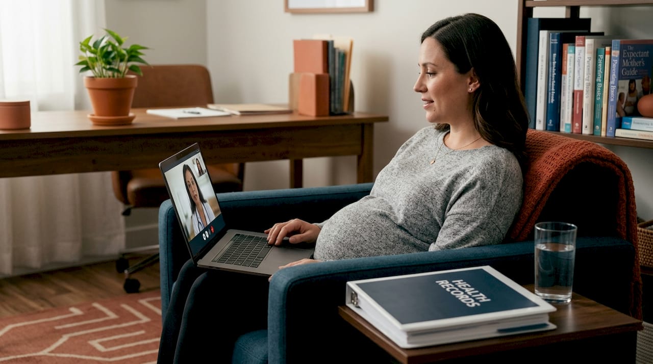 Pregnant woman on telehealth video call at home