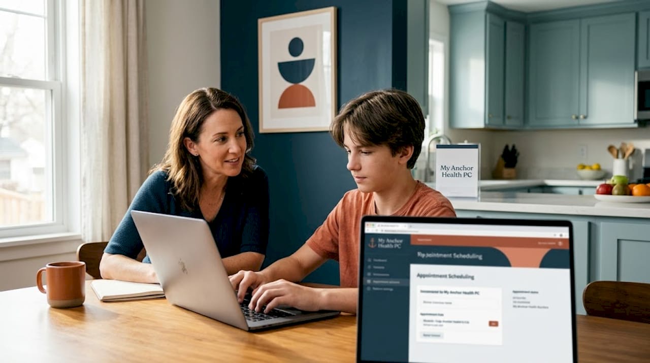 Family troubleshooting telehealth connection at kitchen table