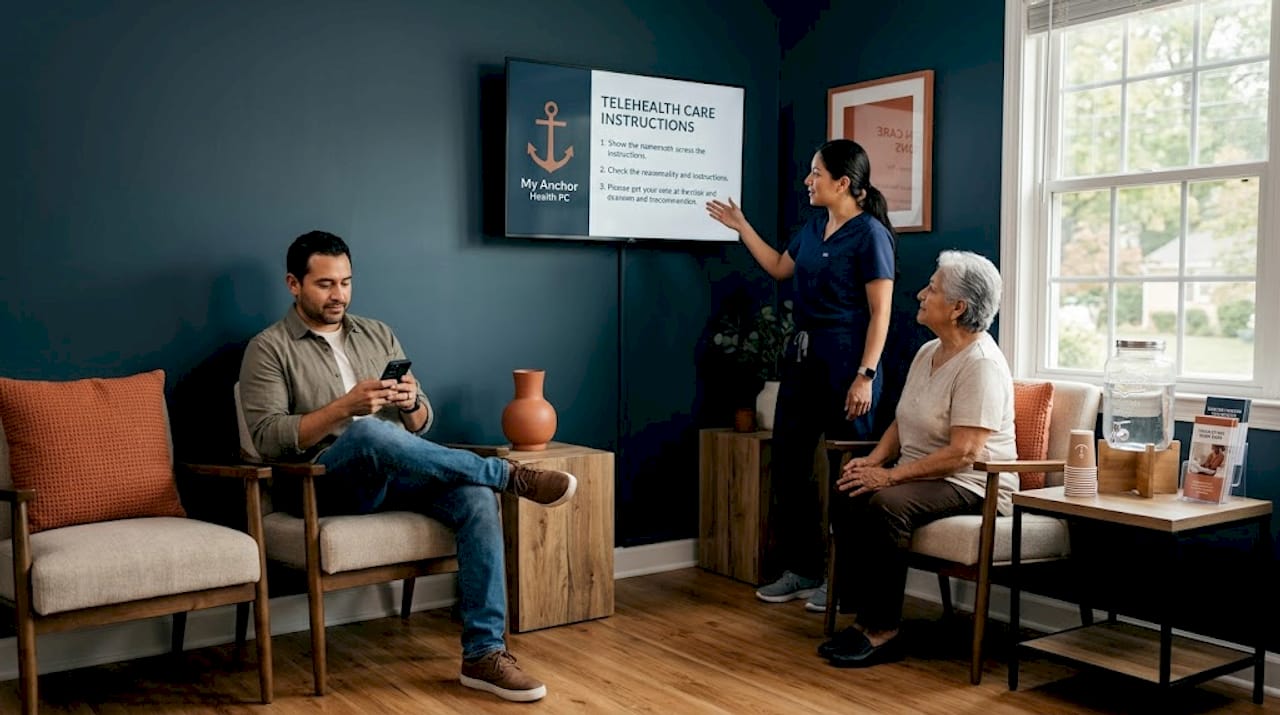 Family receives telehealth instruction in clinic lobby