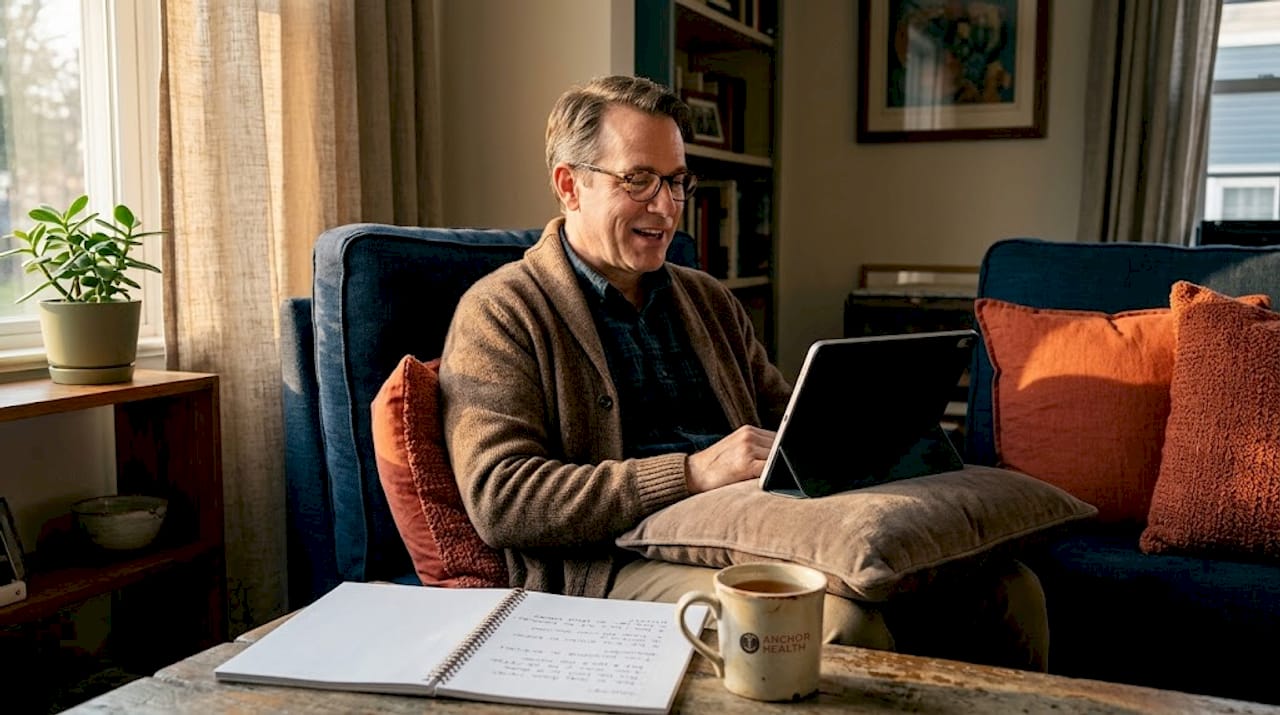 Man attends telehealth visit from his living room