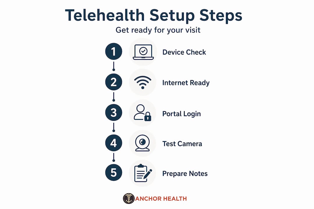 Infographic outlining key telehealth preparation steps