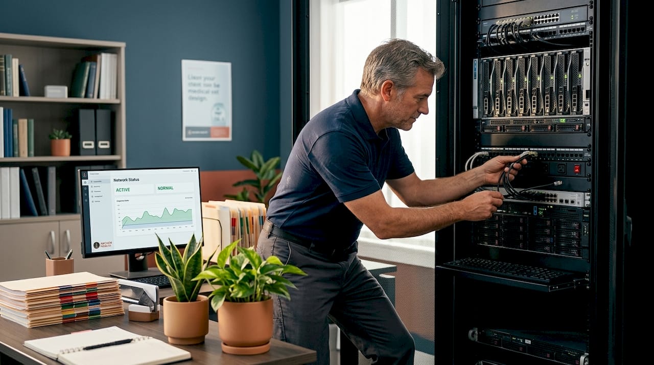 Technician maintaining hospital telehealth equipment