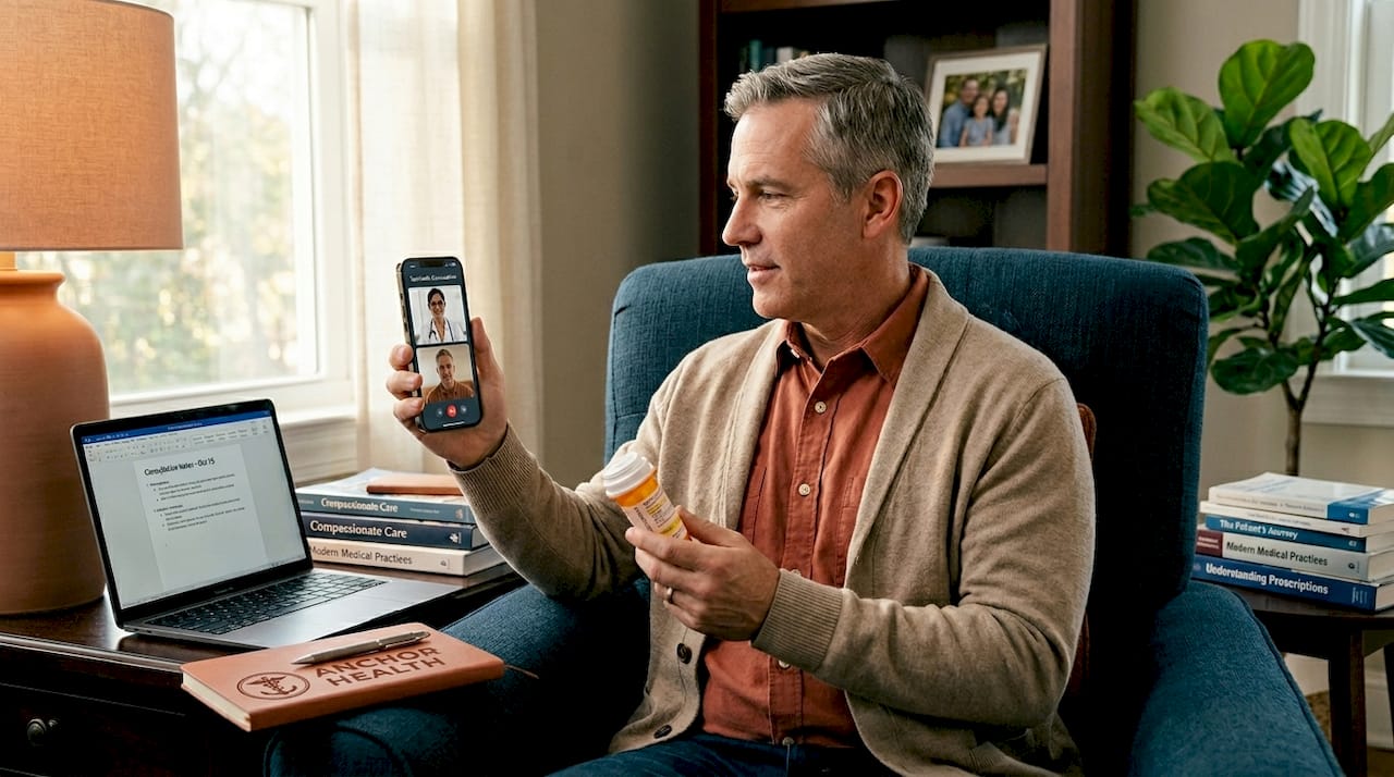 Man discusses prescription with virtual doctor