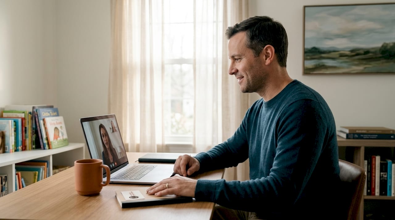 Father in telehealth mental health session at home