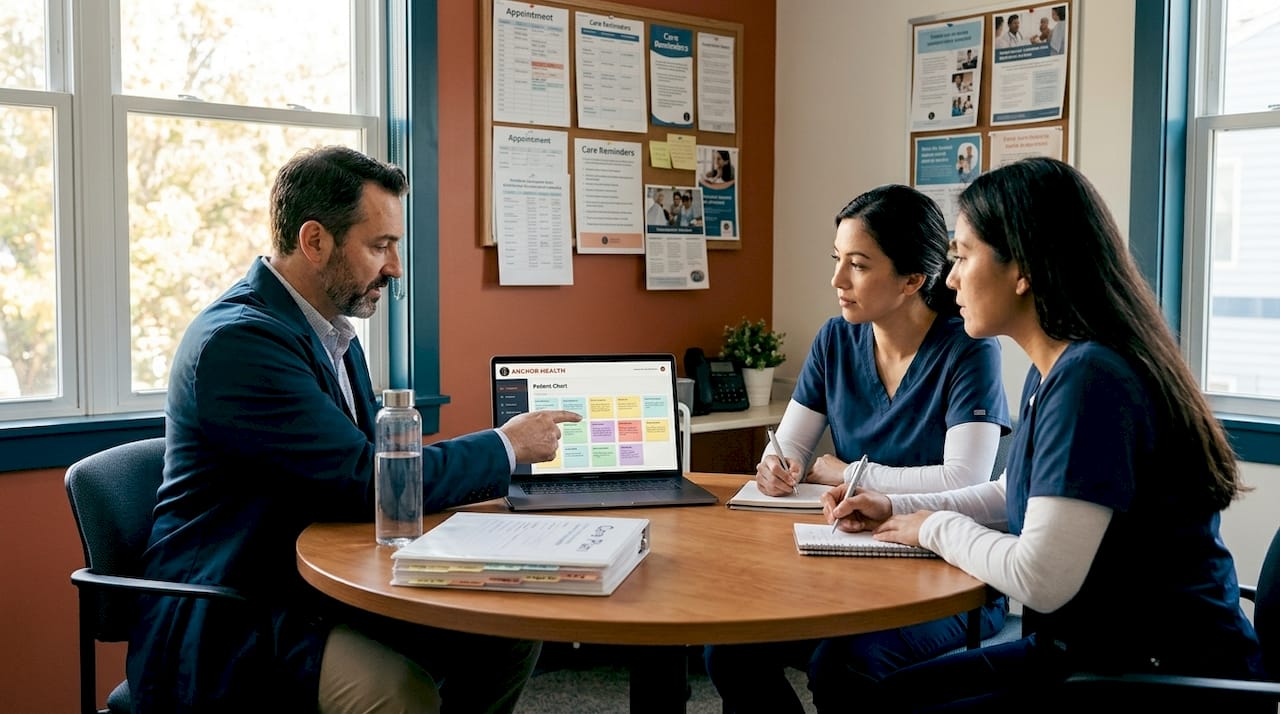 Medical team collaborating at round clinic table