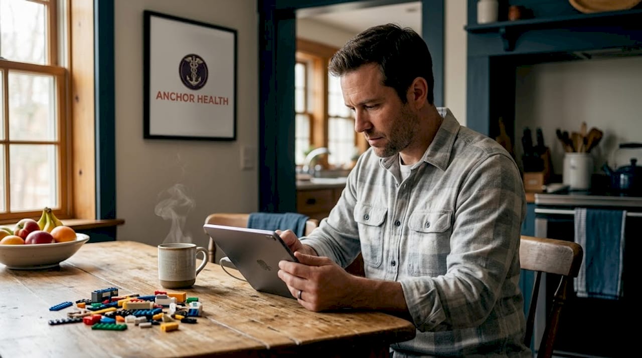 Parent checks tablet at kitchen table