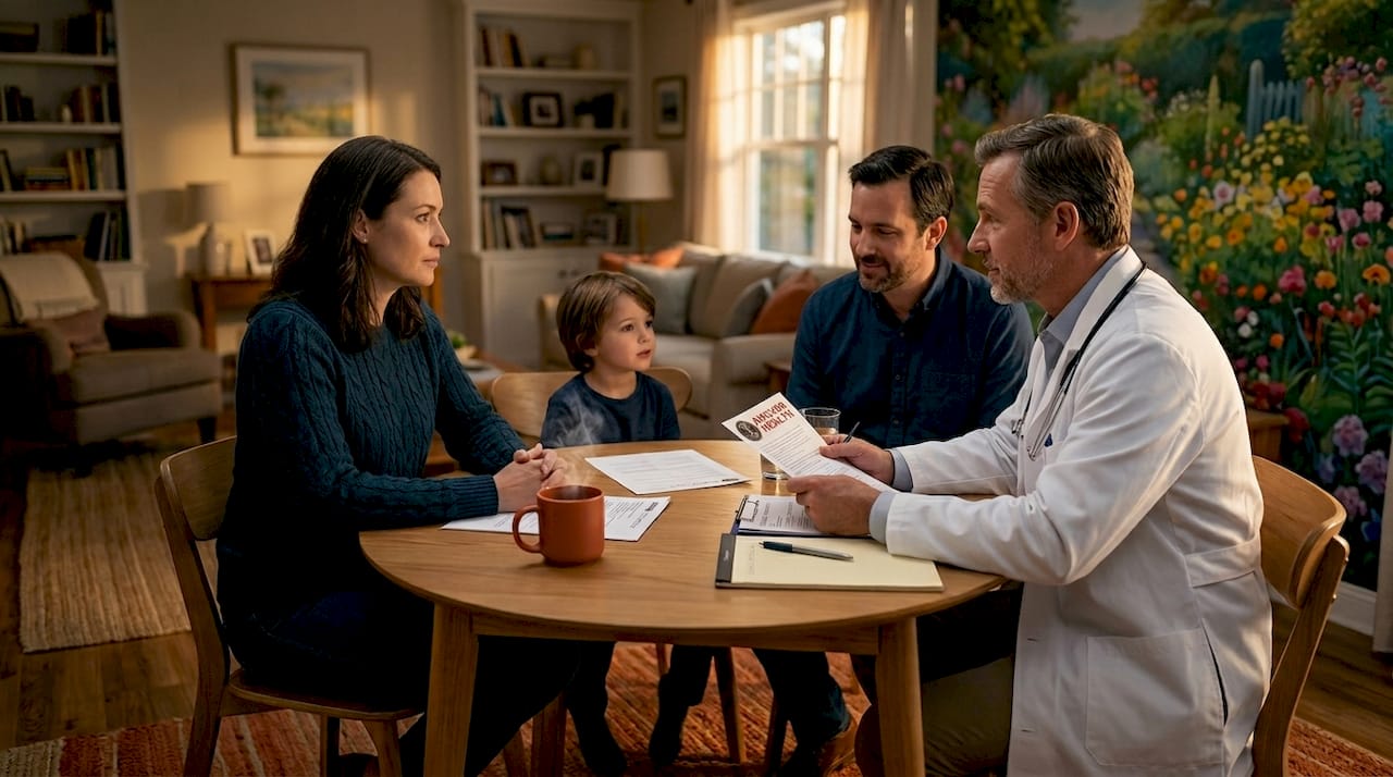 Doctor reviewing notes with family at home