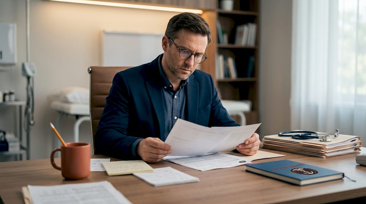 Doctor reviewing family health records at desk