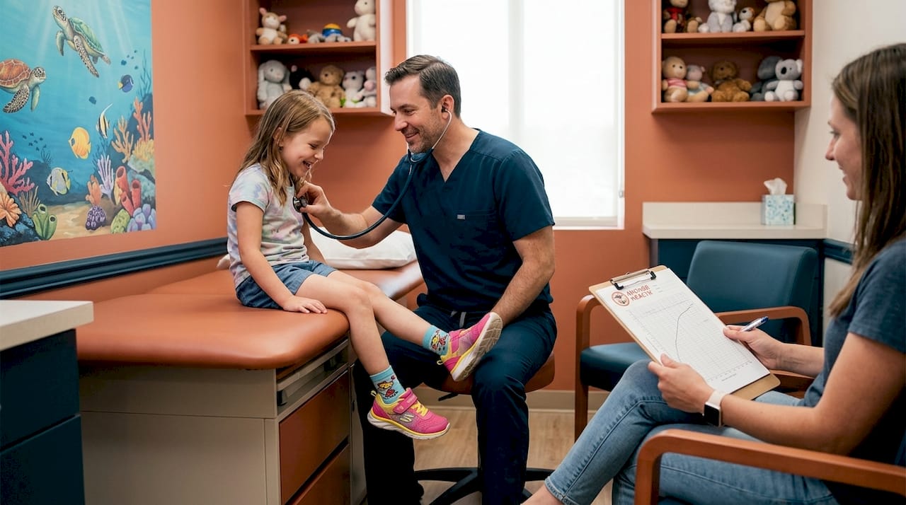 Doctor performing checkup on smiling child