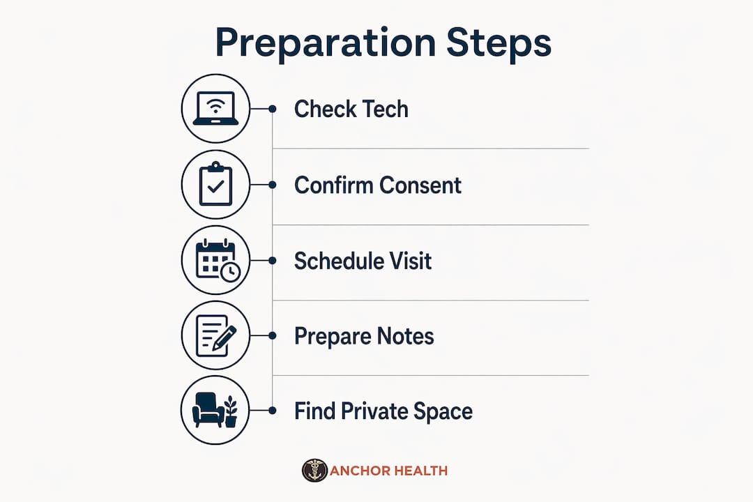 Infographic showing telehealth caregiver preparation steps