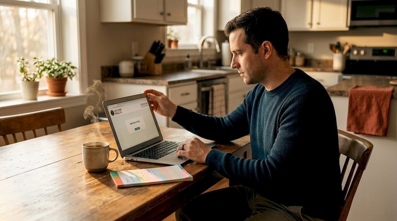 Father testing video call on laptop