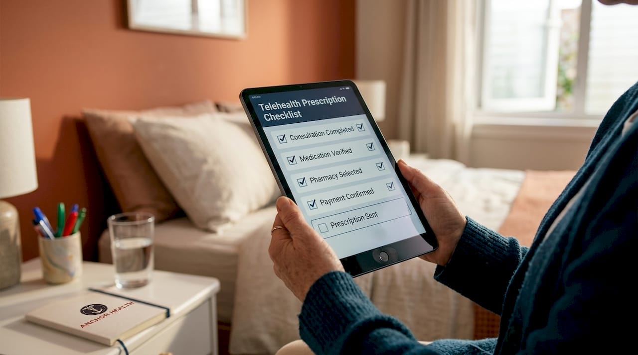Patient using telehealth prescription checklist on tablet