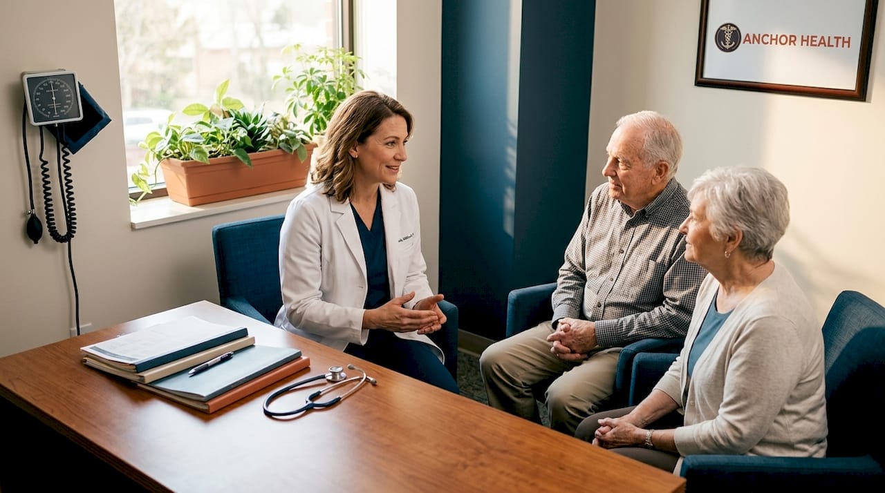 Doctor speaking with elderly couple in clinic