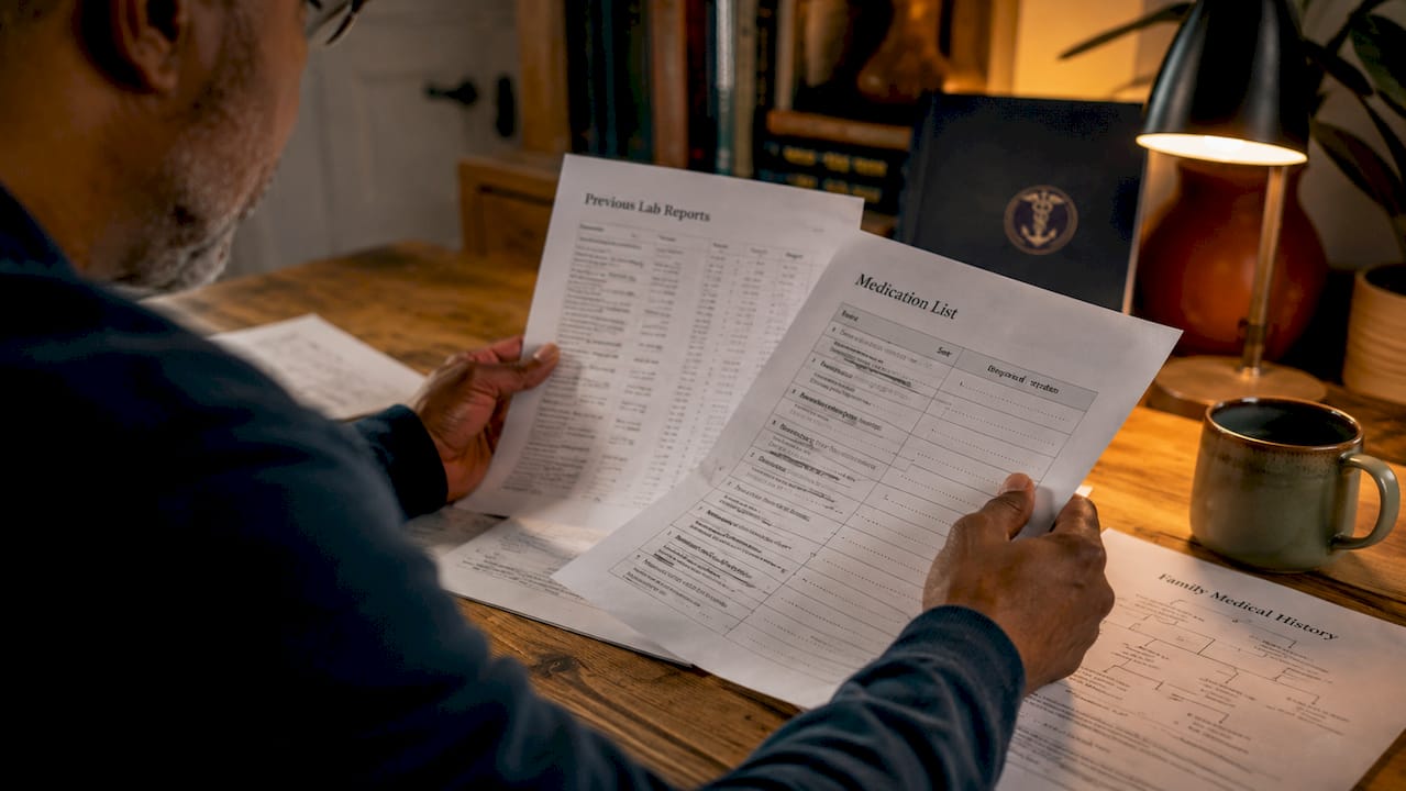 Hands sorting medical documents on kitchen table