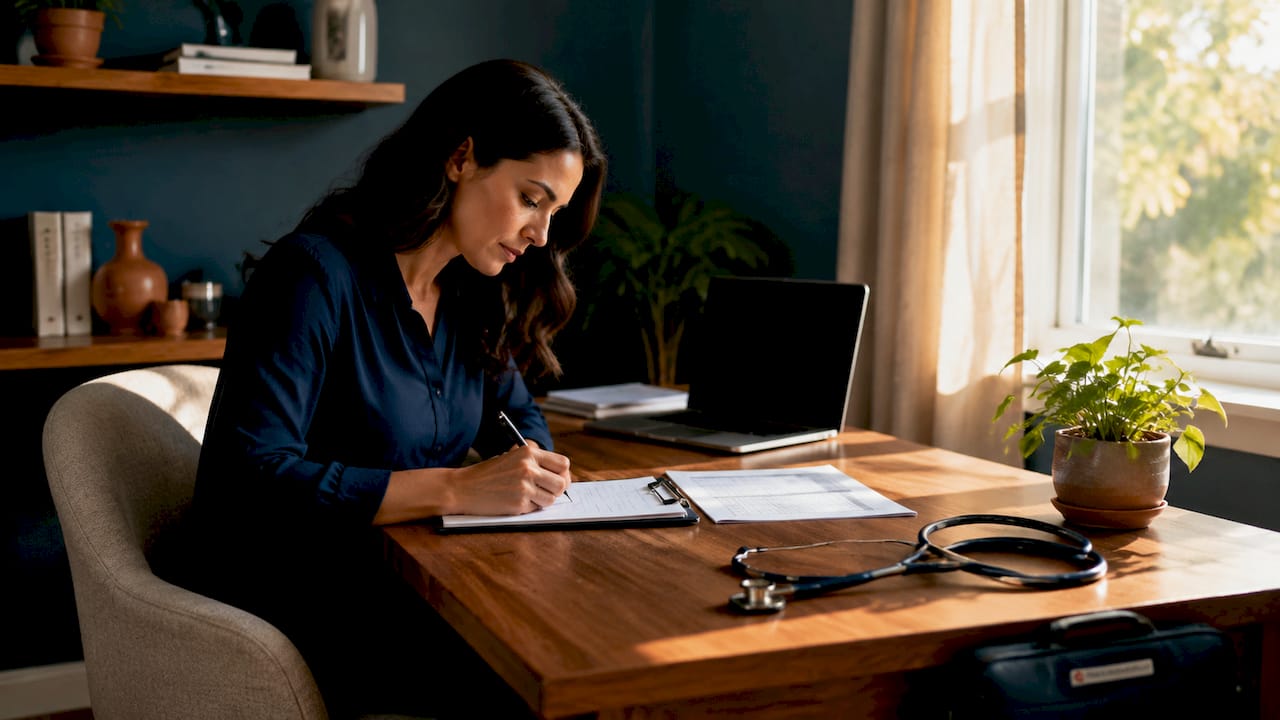 Clinician hands with postpartum screening clipboard