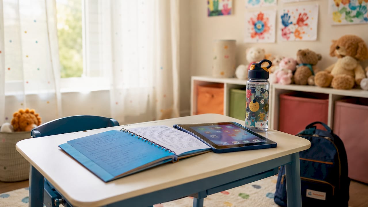 Overhead view of child's telehealth preparation desk with tools