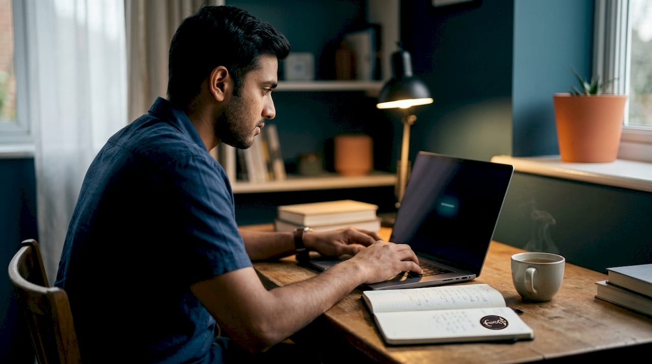 Young man scheduling telehealth visit on phone at kitchen table