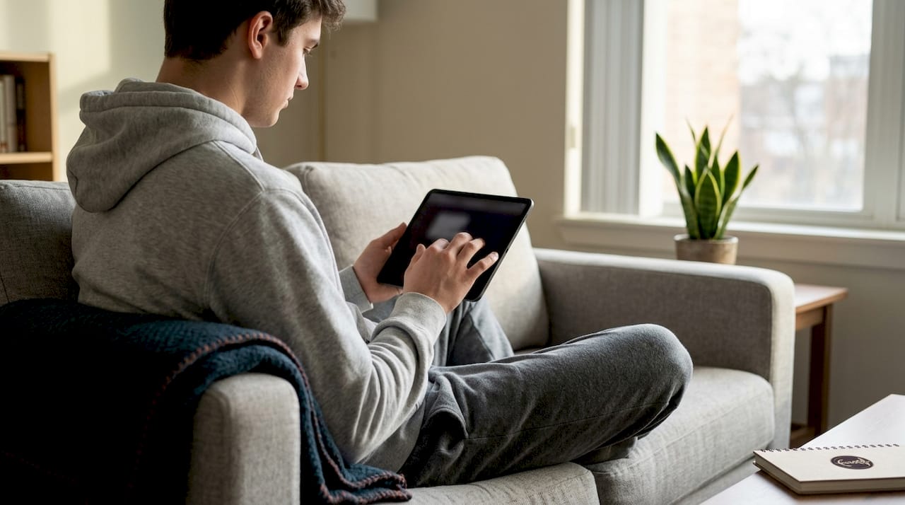 Student using telehealth laptop at home