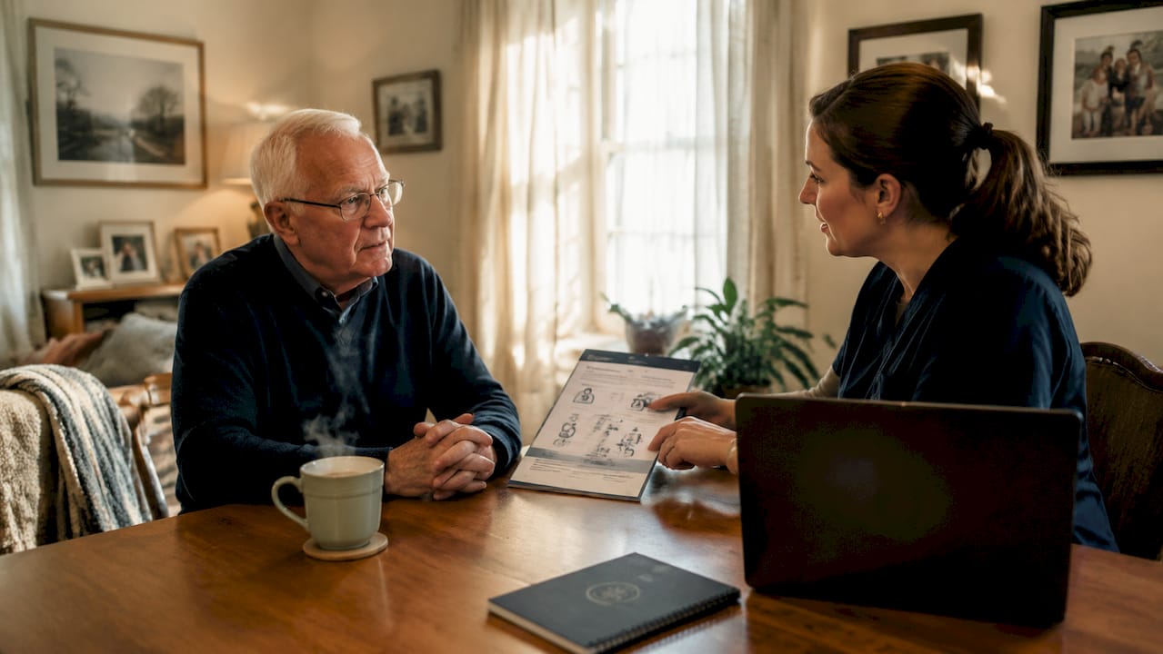 Elderly patient consulting about telehealth in clinic