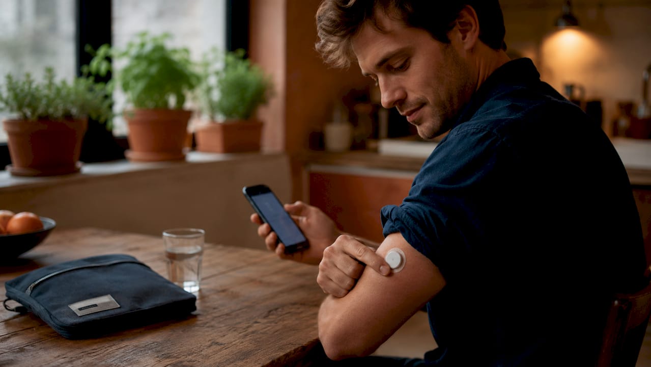 Hands handling continuous glucose monitoring device