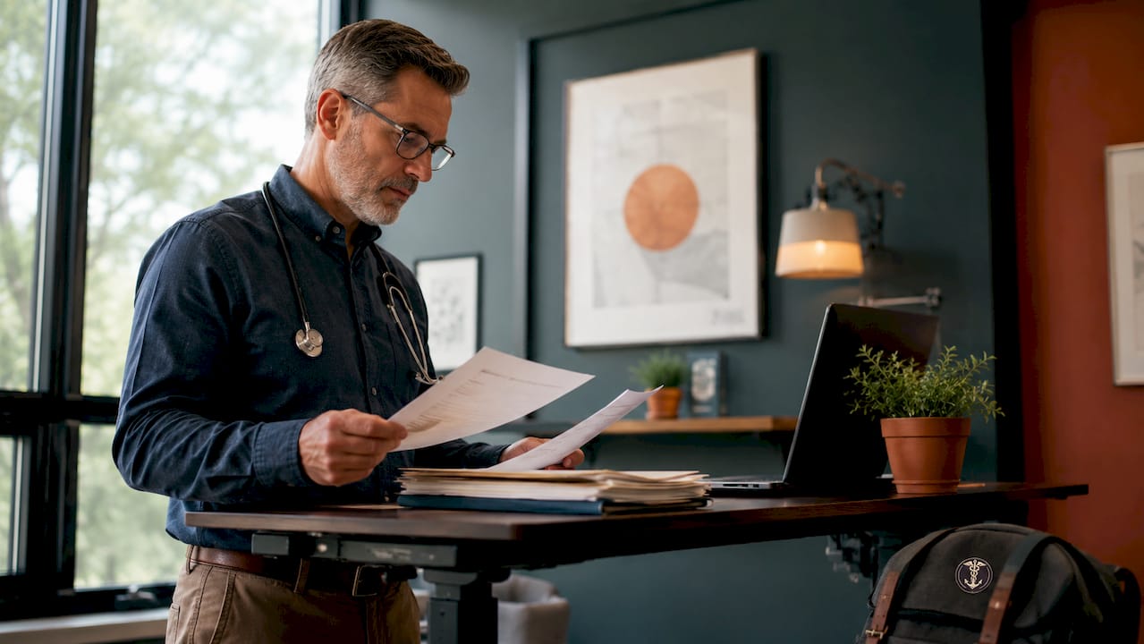 Medical provider reviewing patient documents at desk