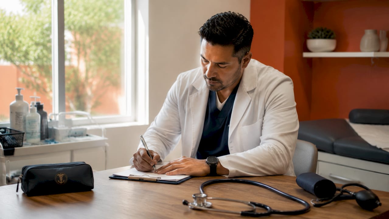 Physician writing notes in medical exam room