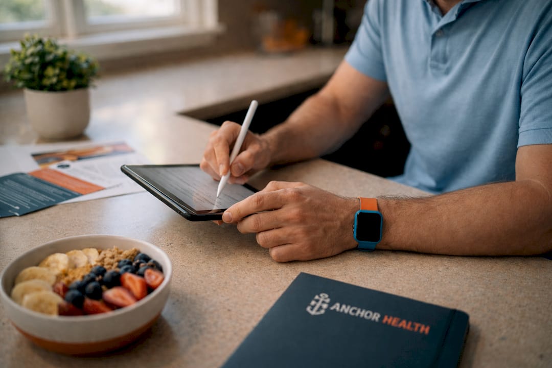Close-up of hands entering health data on tablet