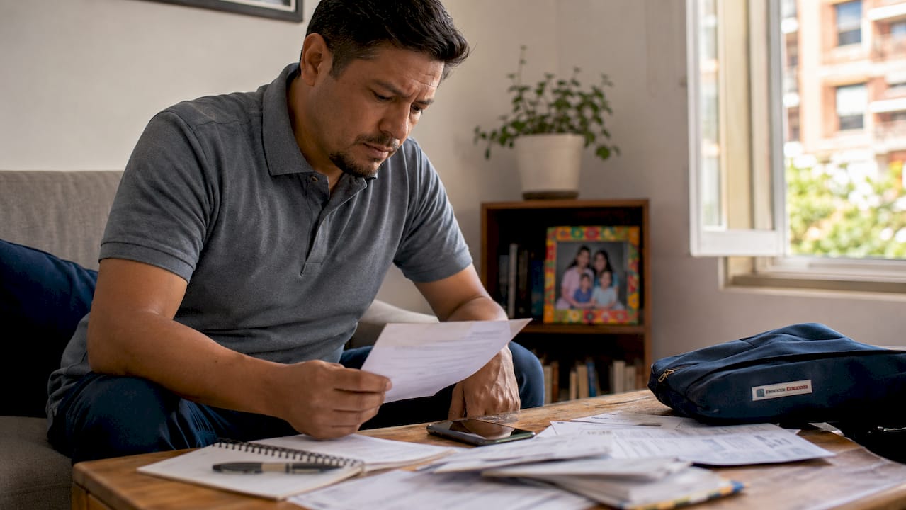 Concerned father reviewing medical bills at kitchen table