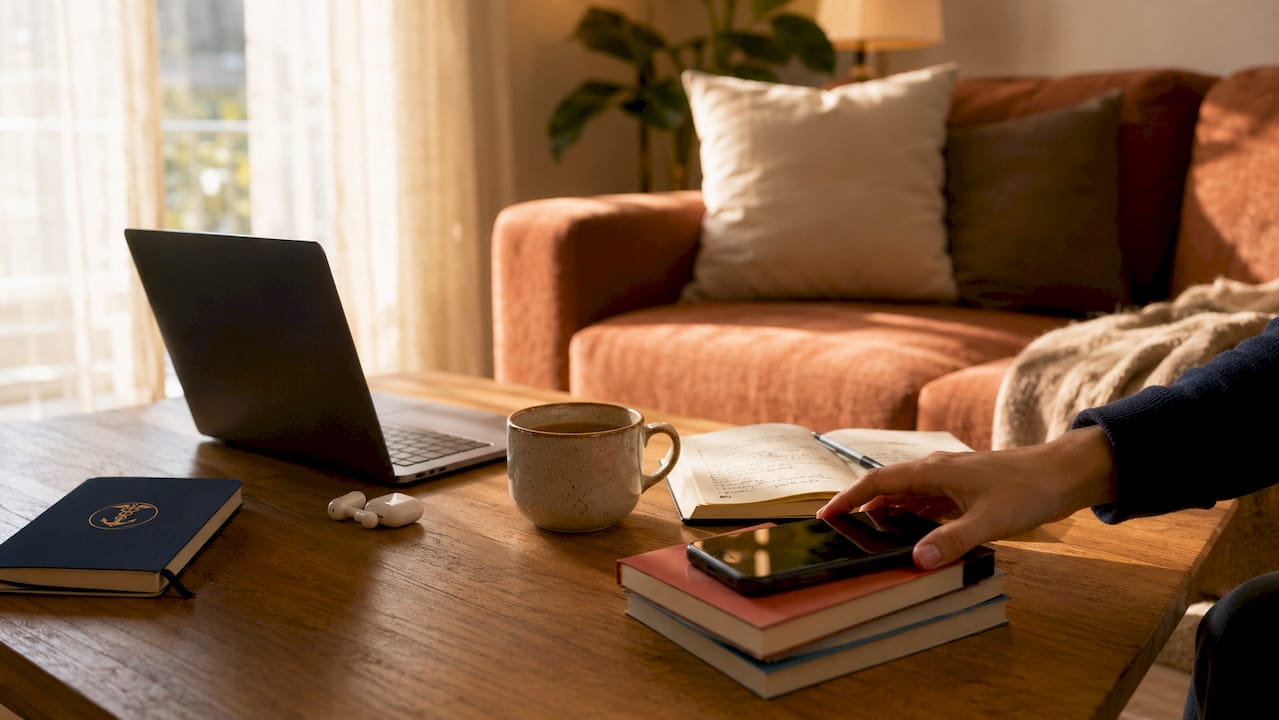 Hands adjusting earbuds beside laptop and smartphone