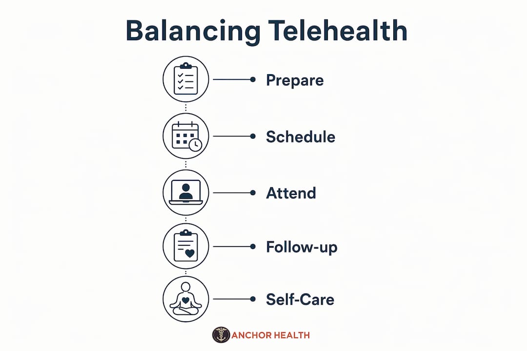 Infographic illustrating telehealth caregiving steps