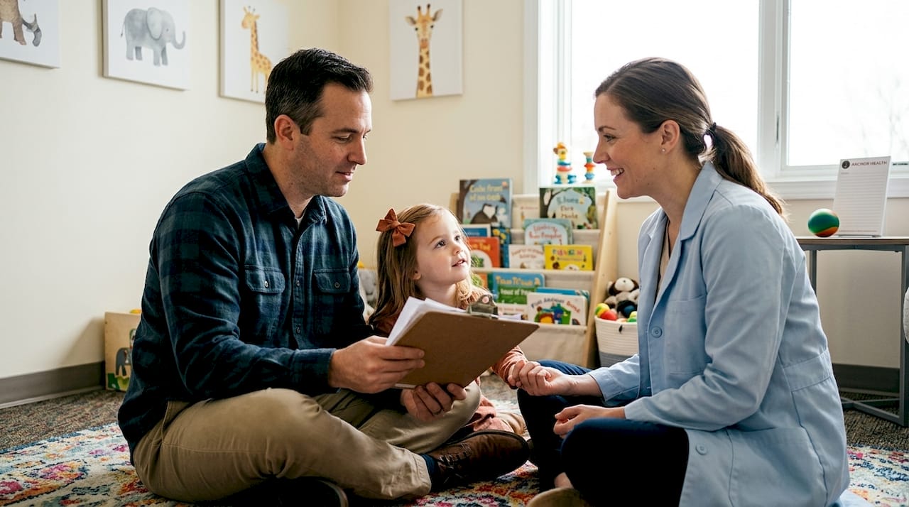 Father and daughter talking with pediatrician in exam room