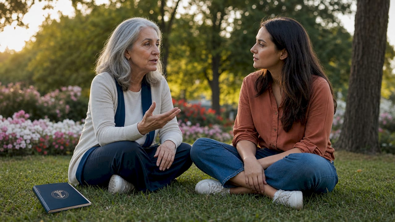 Elderly woman discussing end-of-life preferences with daughter