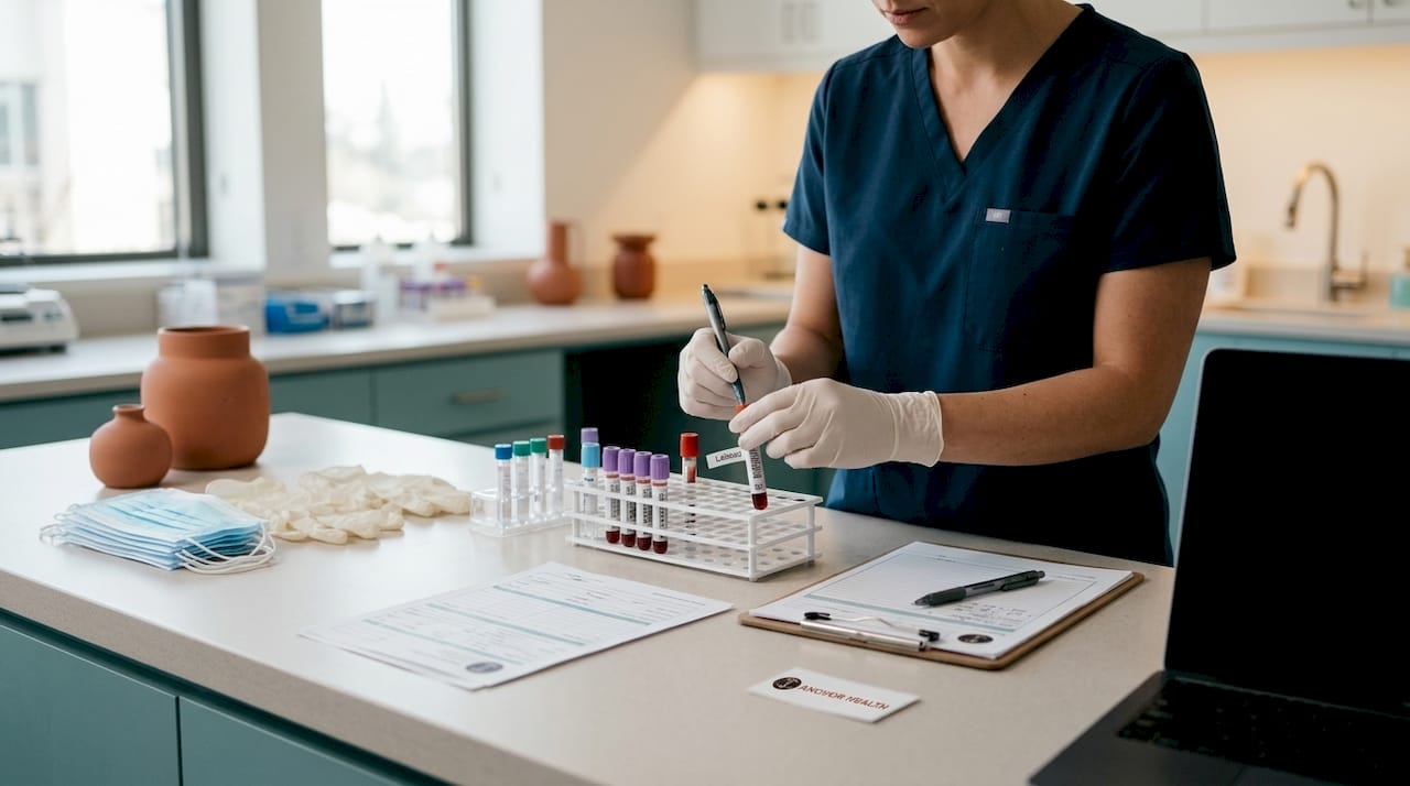 Hands preparing lab samples for hormone testing