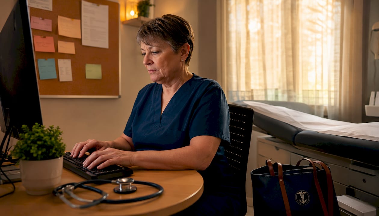 Nurse typing prenatal visit schedule in clinic