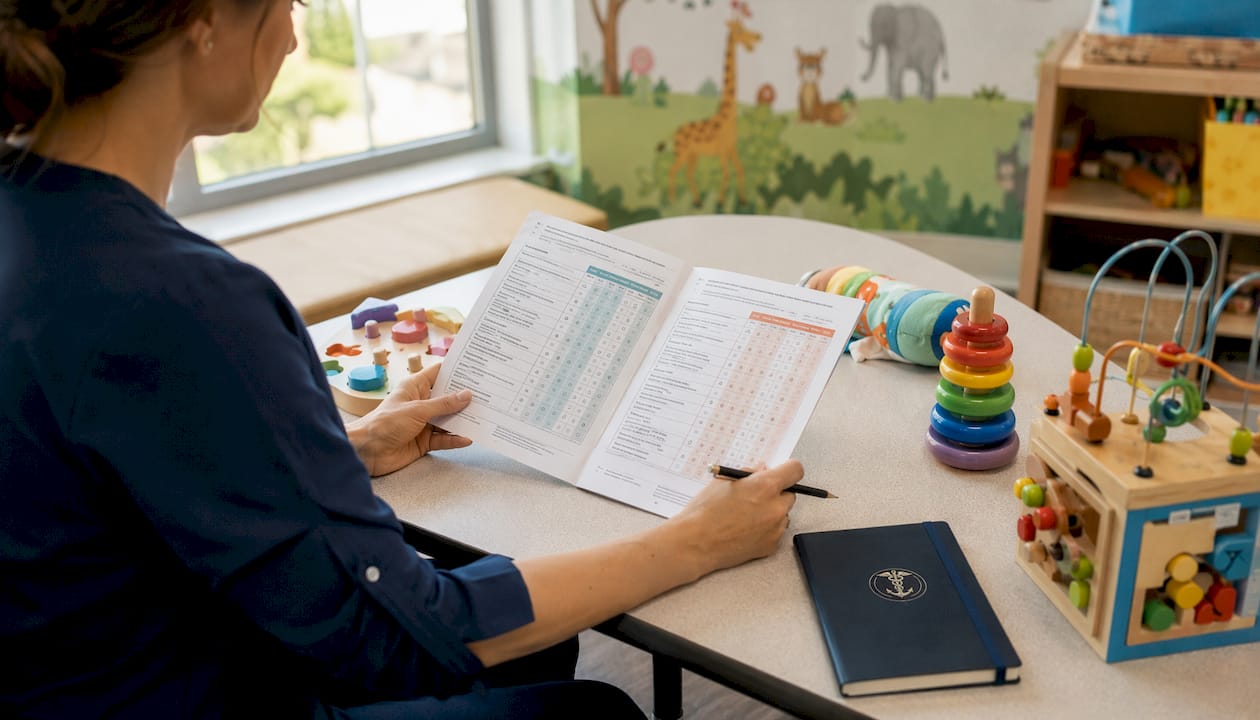 Nurse hands holding developmental screening questionnaire