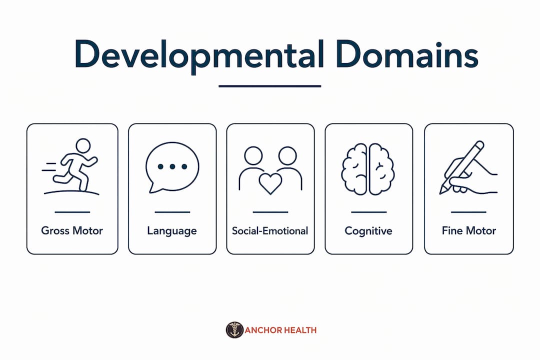 Infographic showing five developmental milestone domains