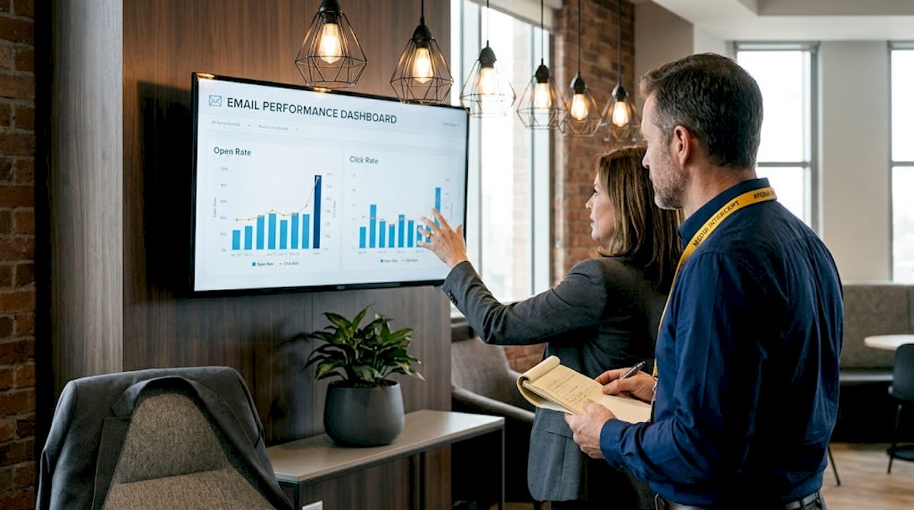 Team reviewing email campaign performance dashboard