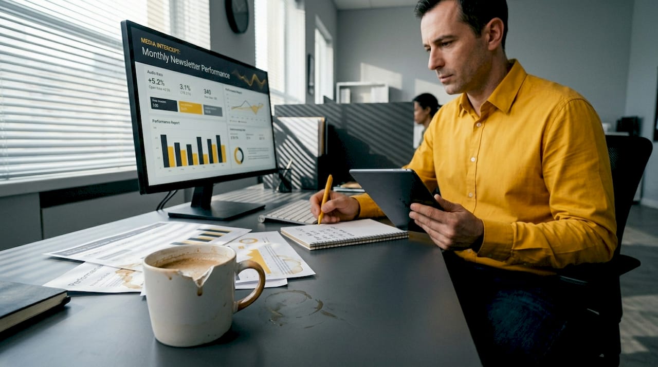 Marketer reviews newsletter analytics at desk