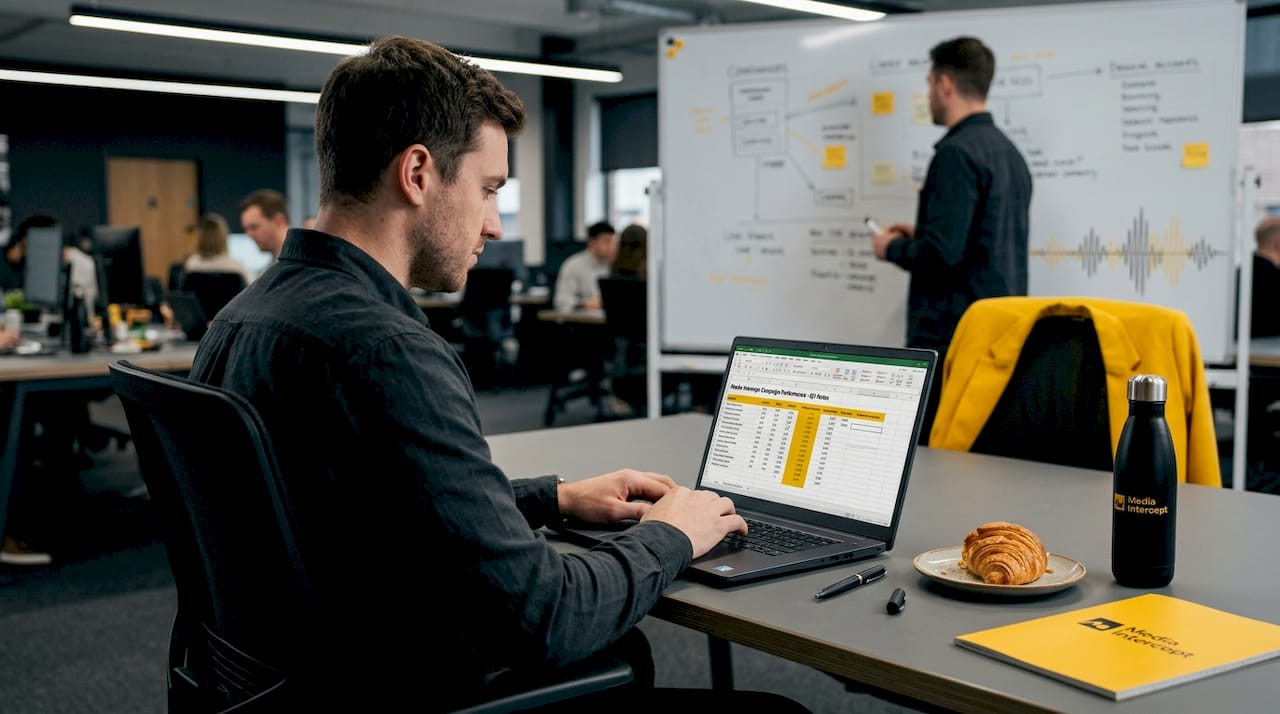 Marketer typing newsletter campaign notes in office