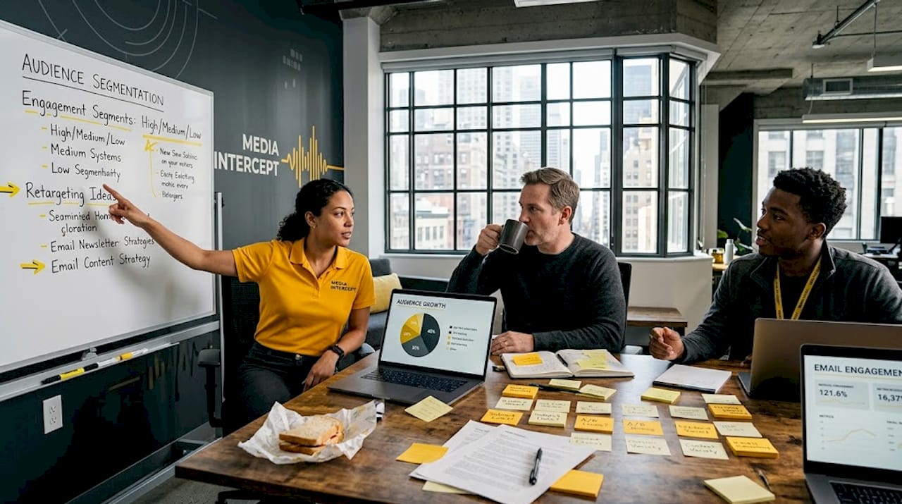Team meeting discussing newsletter strategies