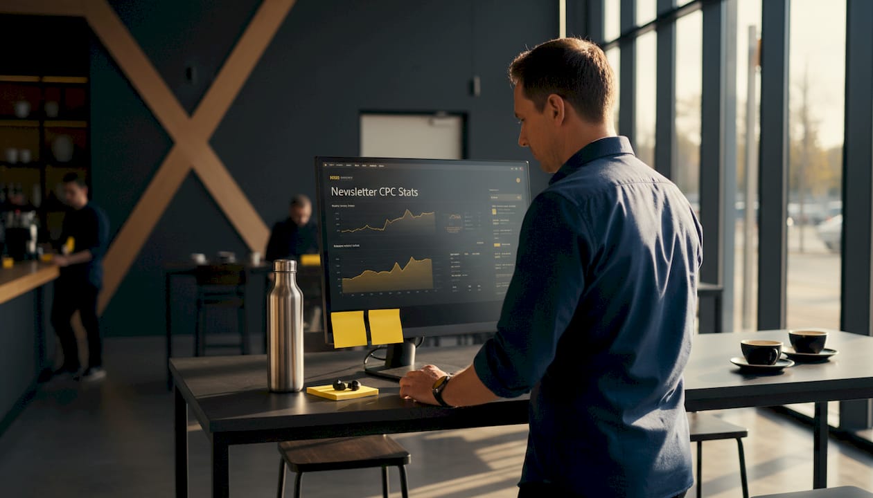 Professional checking newsletter ad metrics on screen